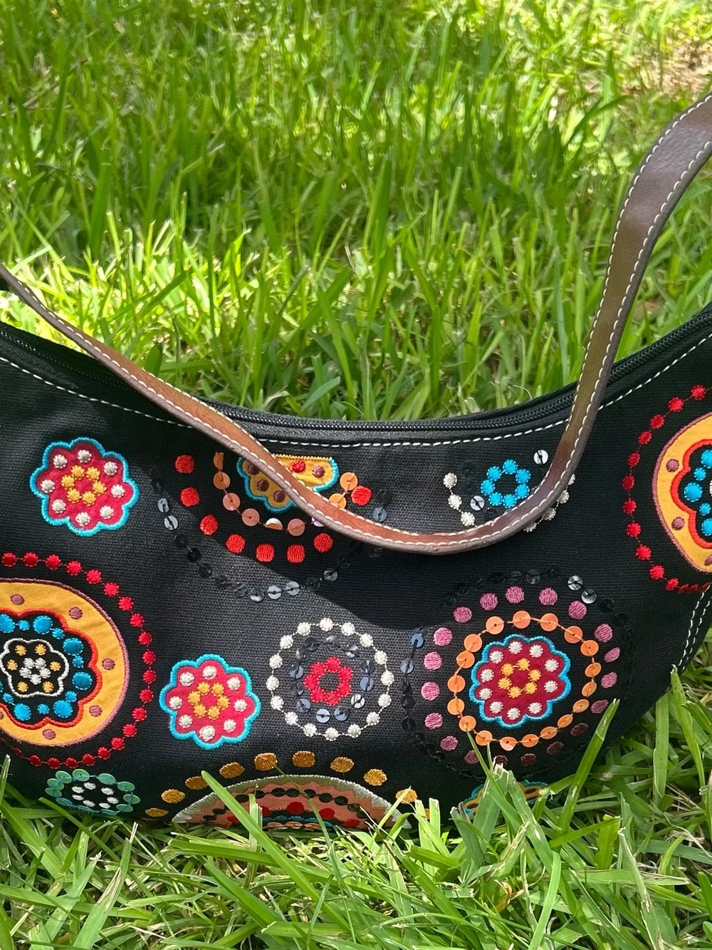 Relic Black Shoulder Bag with Multicolor Embroidered Medallions